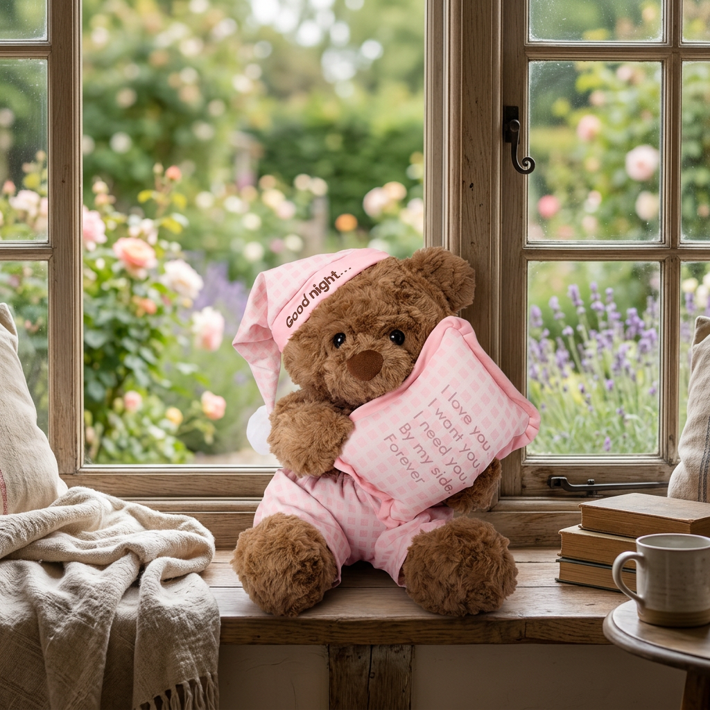 Sleepy teddy bear in checked nightcap and shorts holding a small cushion – view 3 of 9