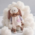 Cream plush bunny hand puppet comforter with ruffled collar and flower teether – view 6 of 8