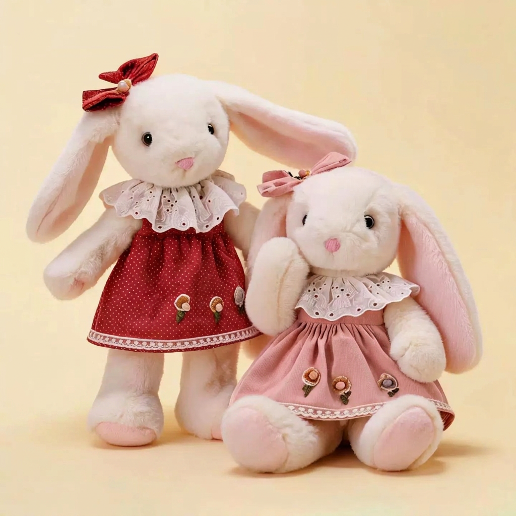 White lop-eared bunny soft toy in a flower-trimmed dress with eyelet collar – view 5 of 8