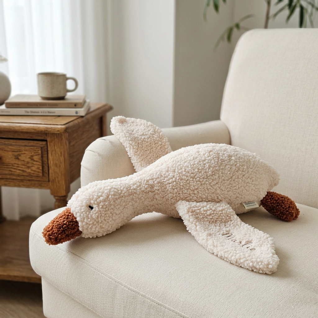 Curly-textured 45 cm plush goose with long neck and orange beak in off-white – view 9 of 13