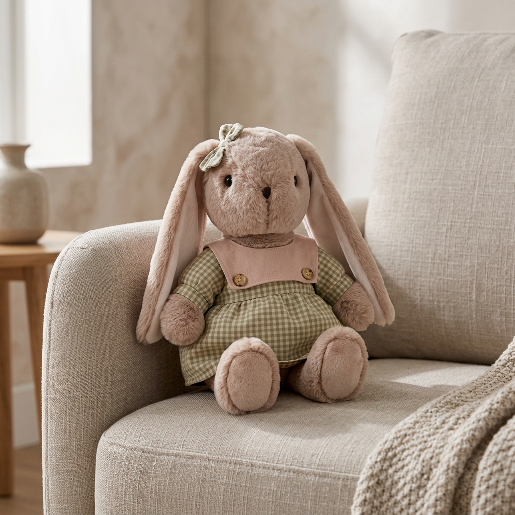 Lop-eared plush bunny in a gingham dress with ear bow and pink button collar – view 6 of 7