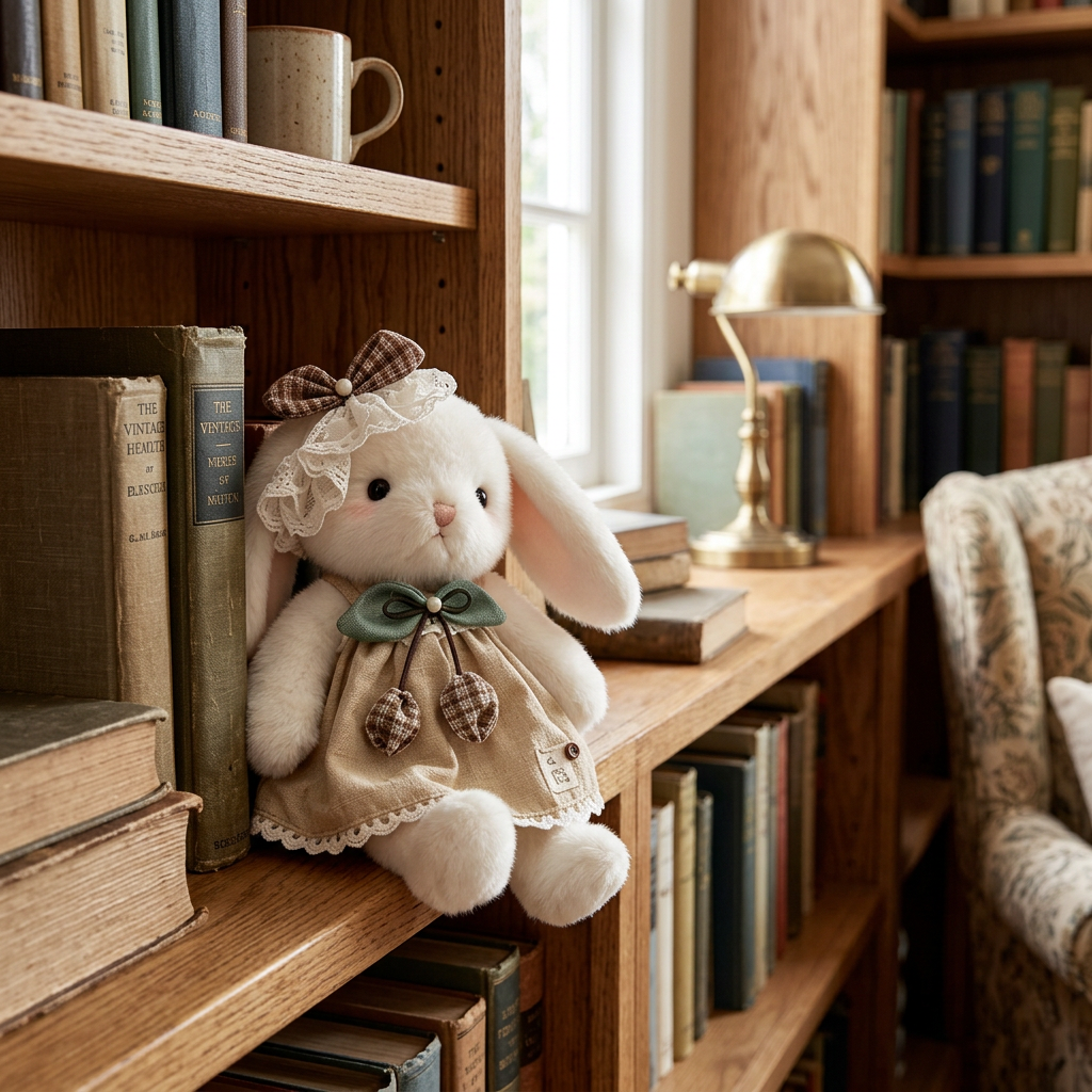 White lop-eared bunny soft toy in a lace-trimmed dress with green collar and head bow – view 5 of 9