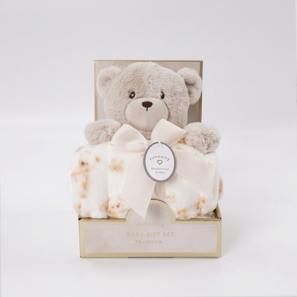 Flannel baby blanket with a matching animal soft toy gift set – Beige Teddy
