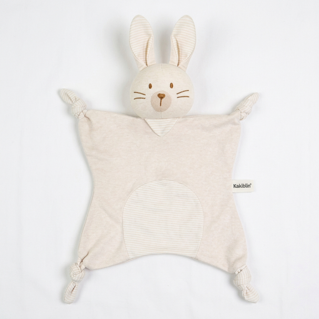 Cream fabric baby comforter with animal head, stitched face and knotted corners – Bunny