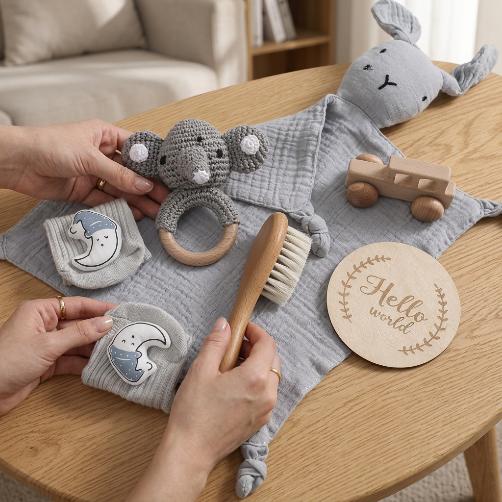 Baby milestone gift box with bunny comforter, crochet ring toy, socks and brush – view 15 of 15