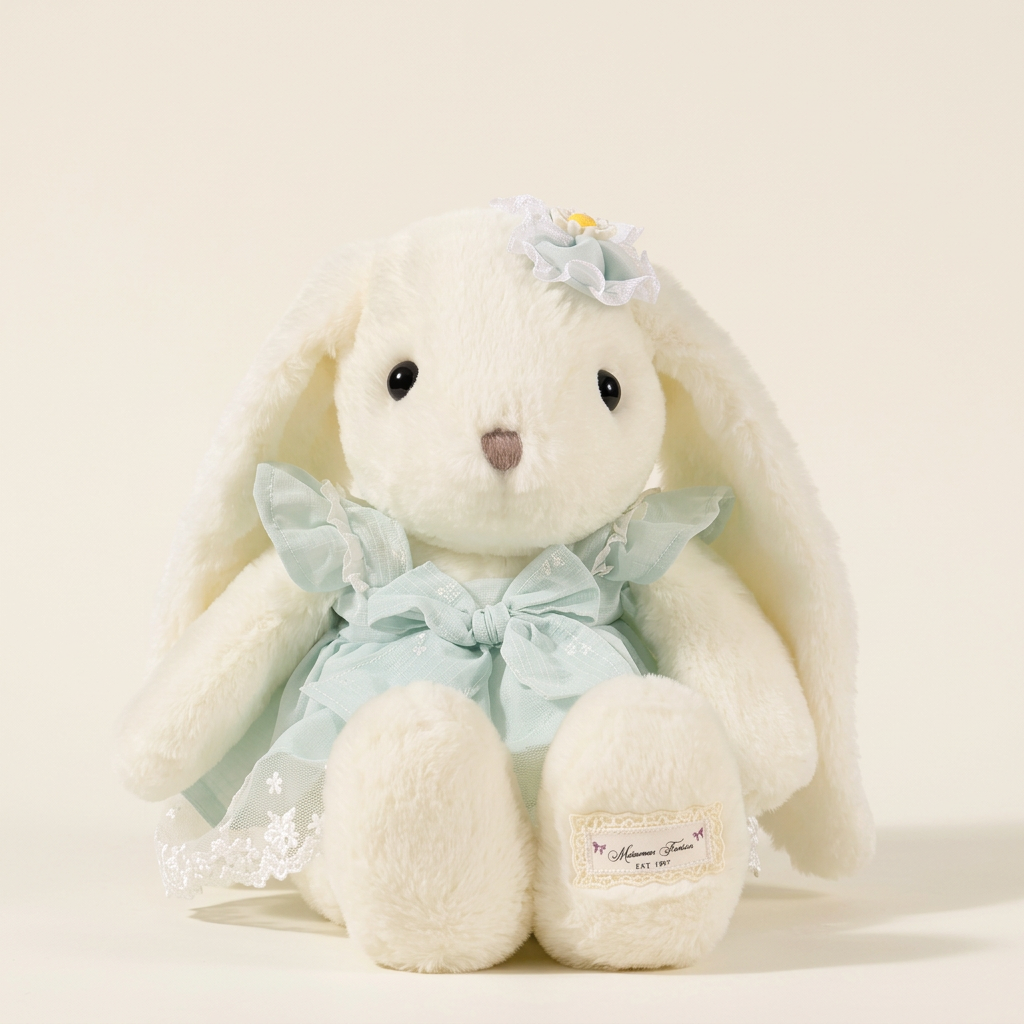 Long-eared cream bunny soft toy in a pastel dress with large bow and daisy ear accent – Green, 40cm