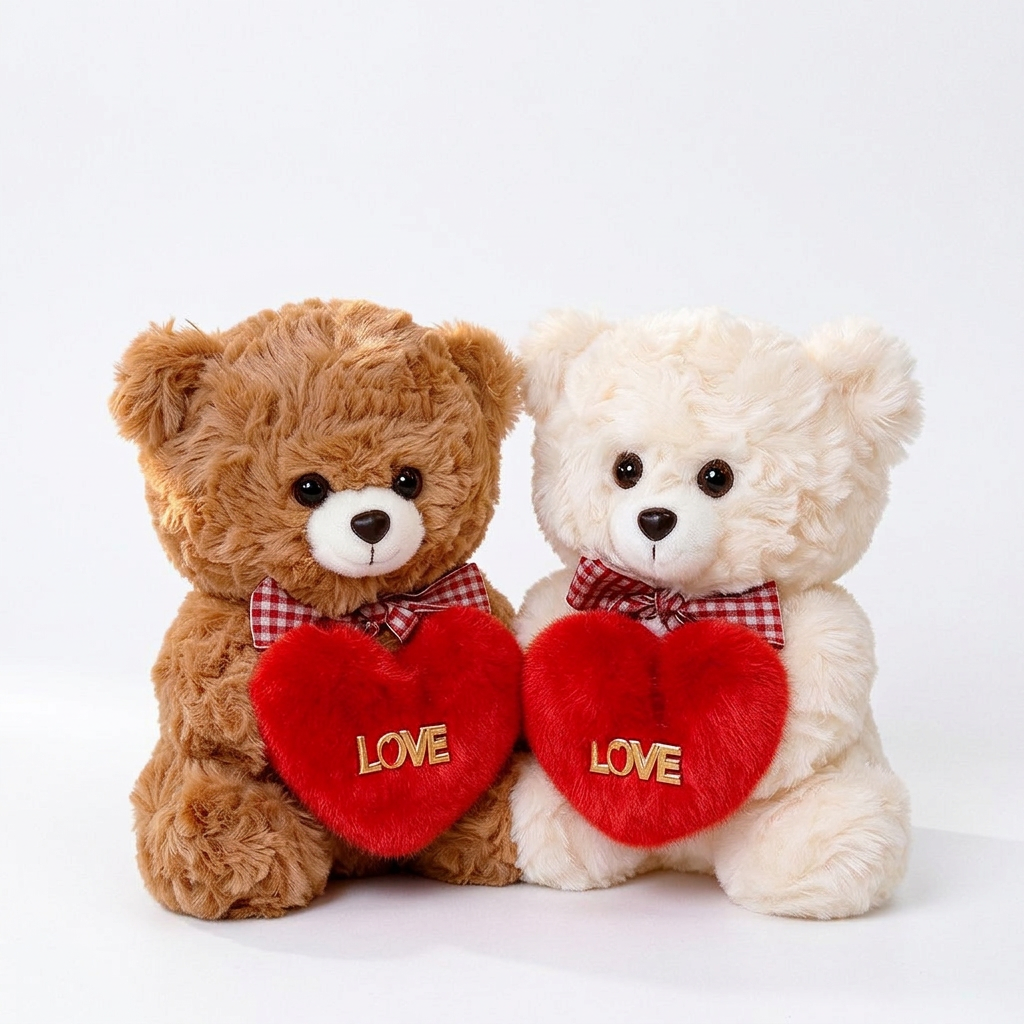 Brown and cream hugging teddy bears holding red LOVE hearts with checked bows – view 3 of 8