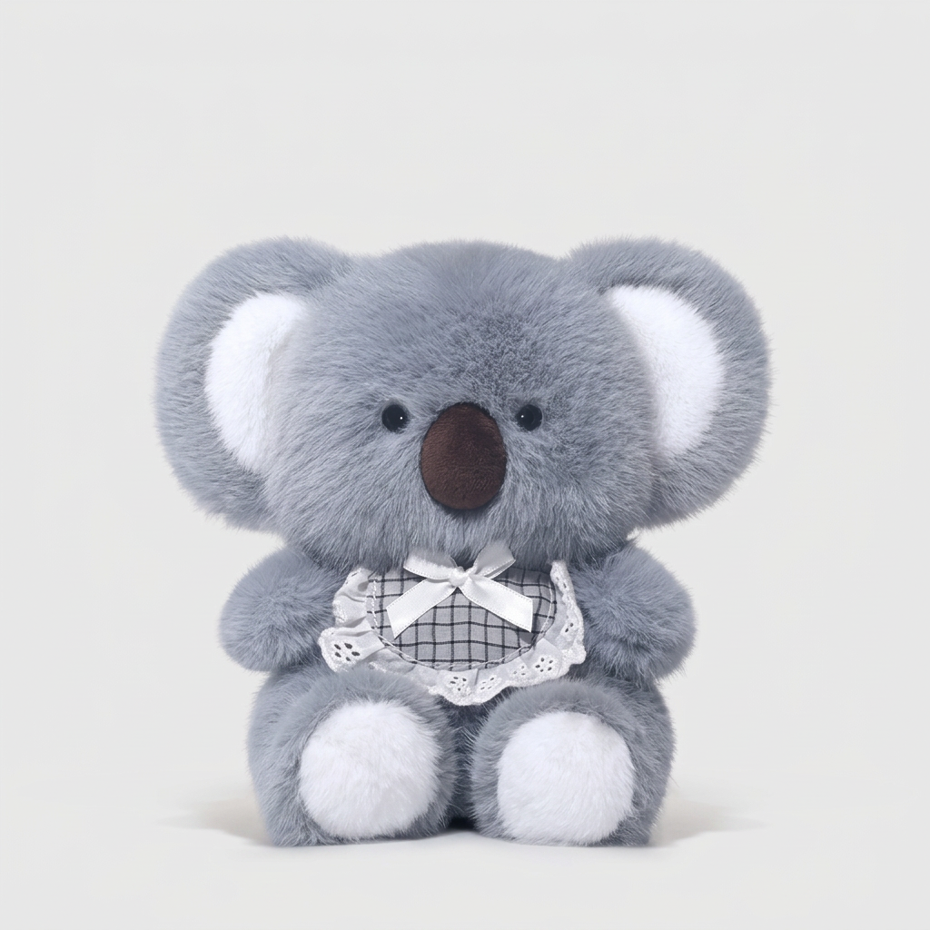 Little sitting plush animal with checked lace-edged bib and ribbon bow – Koala, 20cm