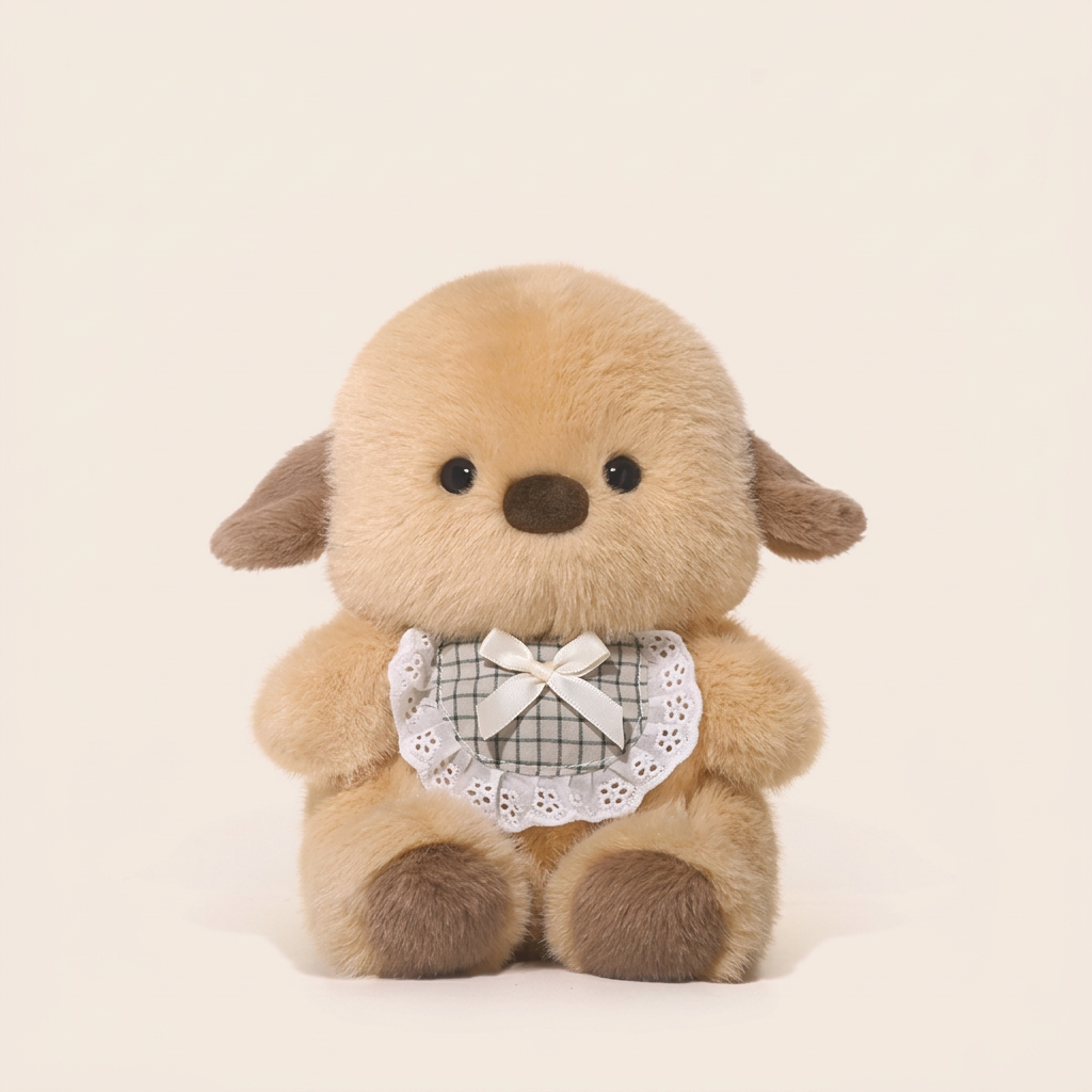 Little sitting plush animal with checked lace-edged bib and ribbon bow – Dog, 20cm