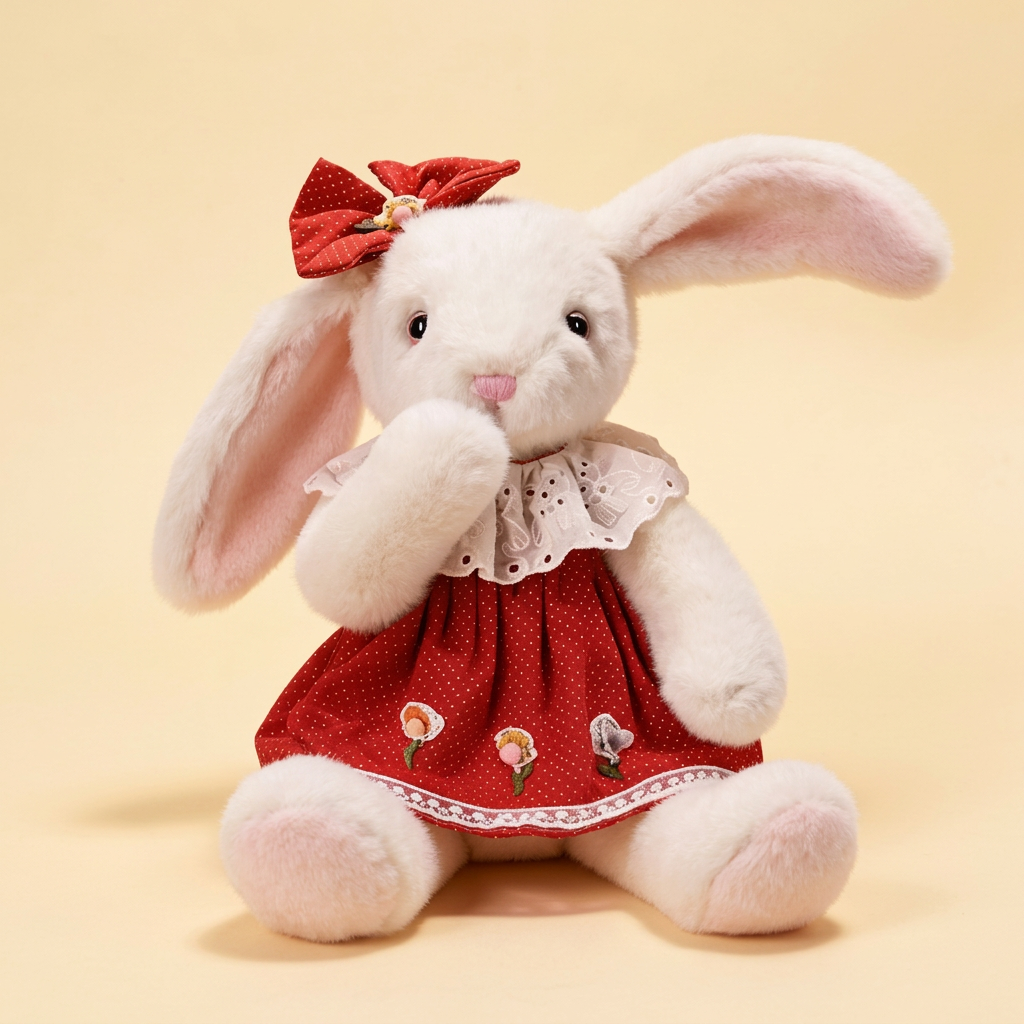 White lop-eared bunny soft toy in a flower-trimmed dress with eyelet collar – view 4 of 8