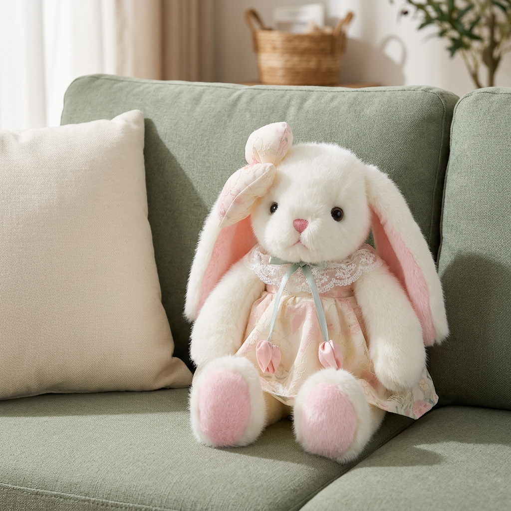 White long-eared bunny soft toy in a patterned dress with lace collar and ear bow – view 4 of 13