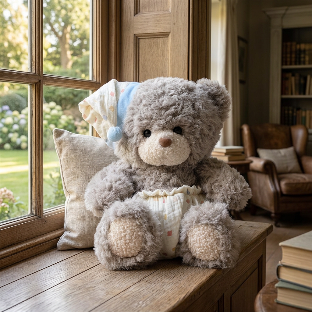 Seated teddy bear soft toy in a patterned nightcap and white fabric nappy, 25cm – view 7 of 10