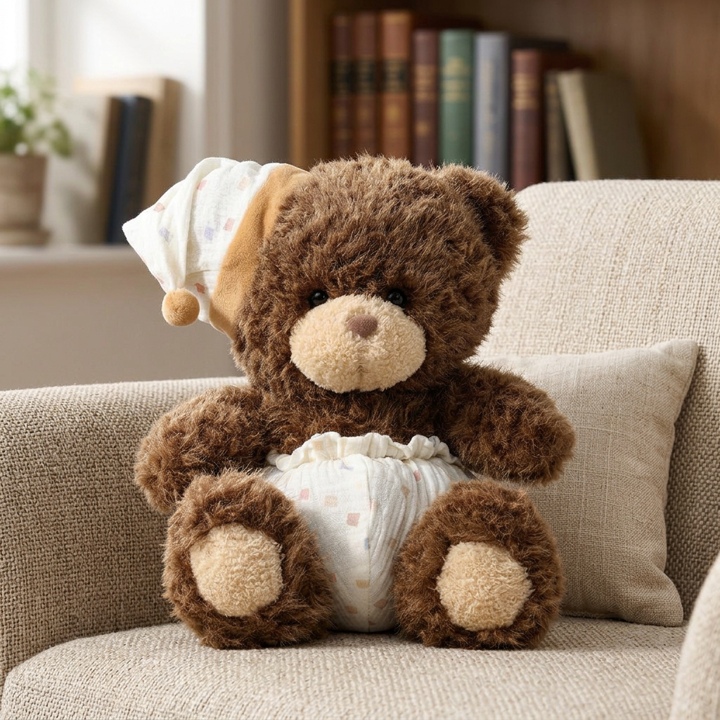 Seated teddy bear soft toy in a patterned nightcap and white fabric nappy, 25cm – view 6 of 10