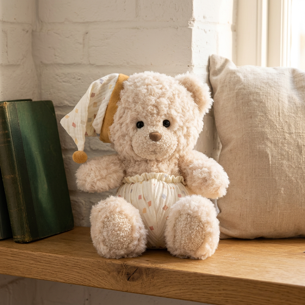 Seated teddy bear soft toy in a patterned nightcap and white fabric nappy, 25cm – view 5 of 10