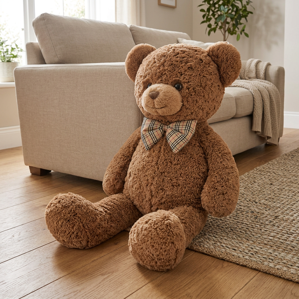 Brown curly plush teddy bear with cream muzzle and checked bow tie – view 2 of 6