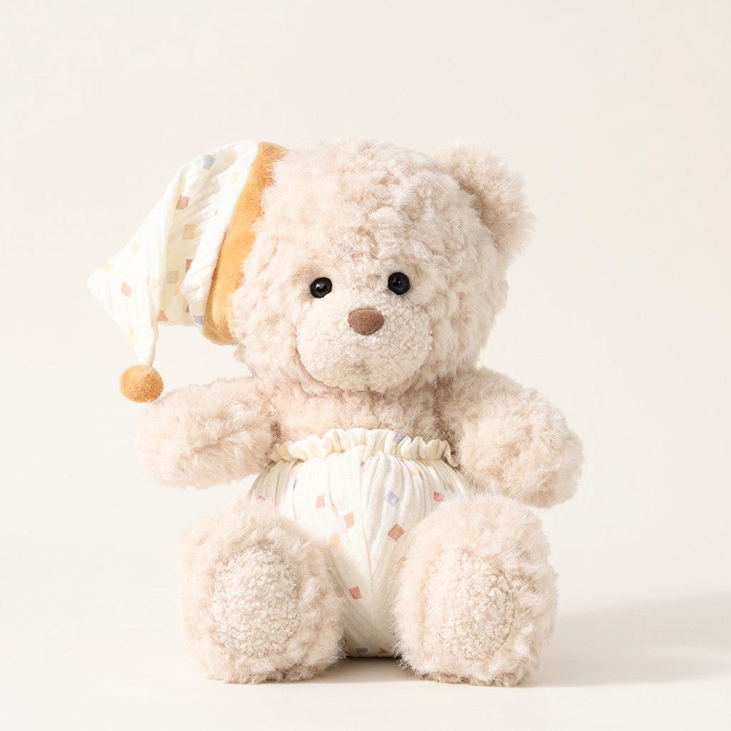 Seated teddy bear soft toy in a patterned nightcap and white fabric nappy, 25cm – Cosy Bear