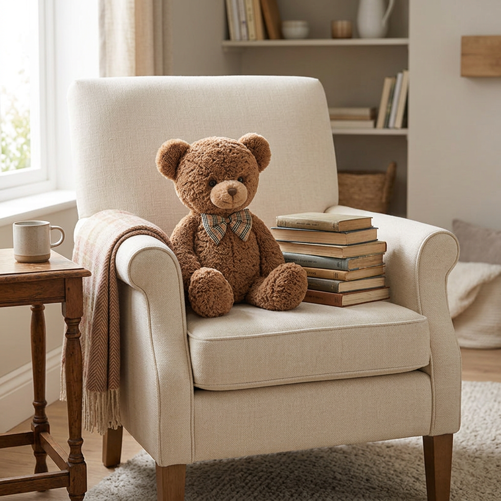 Brown curly plush teddy bear with cream muzzle and checked bow tie – view 4 of 6