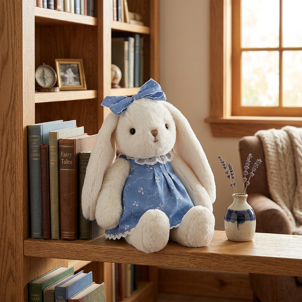 Cream plush bunny soft toy with long floppy ears in a blue floral lace dress – view 3 of 7