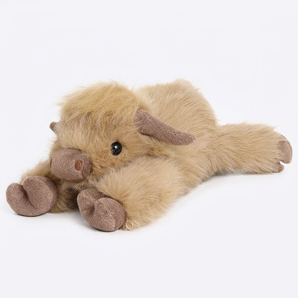 Lying Highland cow soft toy with shaggy golden-tan fur, fringe and brown hooves – view 4 of 7