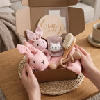 Baby milestone gift box with bunny comforter, crochet ring toy, socks and brush – view 14 of 15
