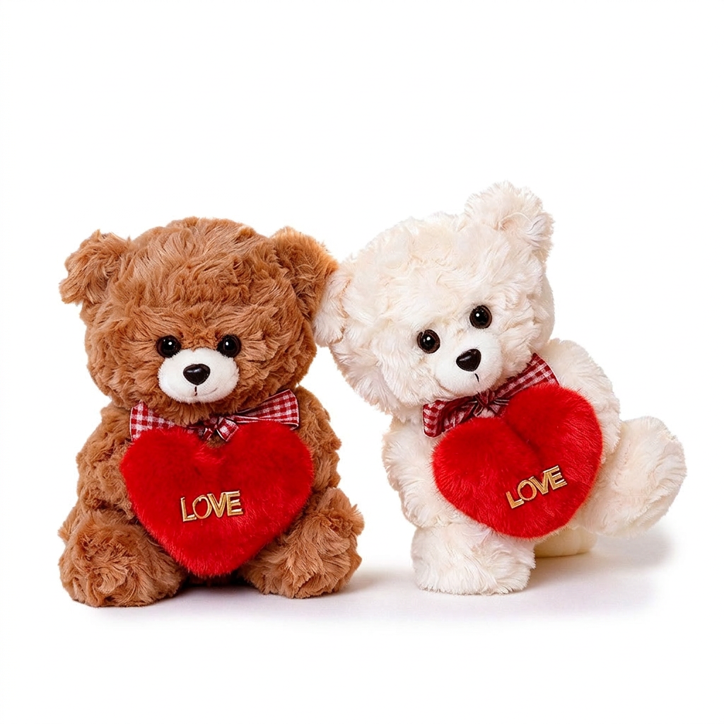 Brown and cream hugging teddy bears holding red LOVE hearts with checked bows – Hugging Bears
