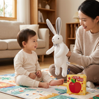 White bunny hand puppet comforter with grey bow tie and baby cloth book – view 7 of 8