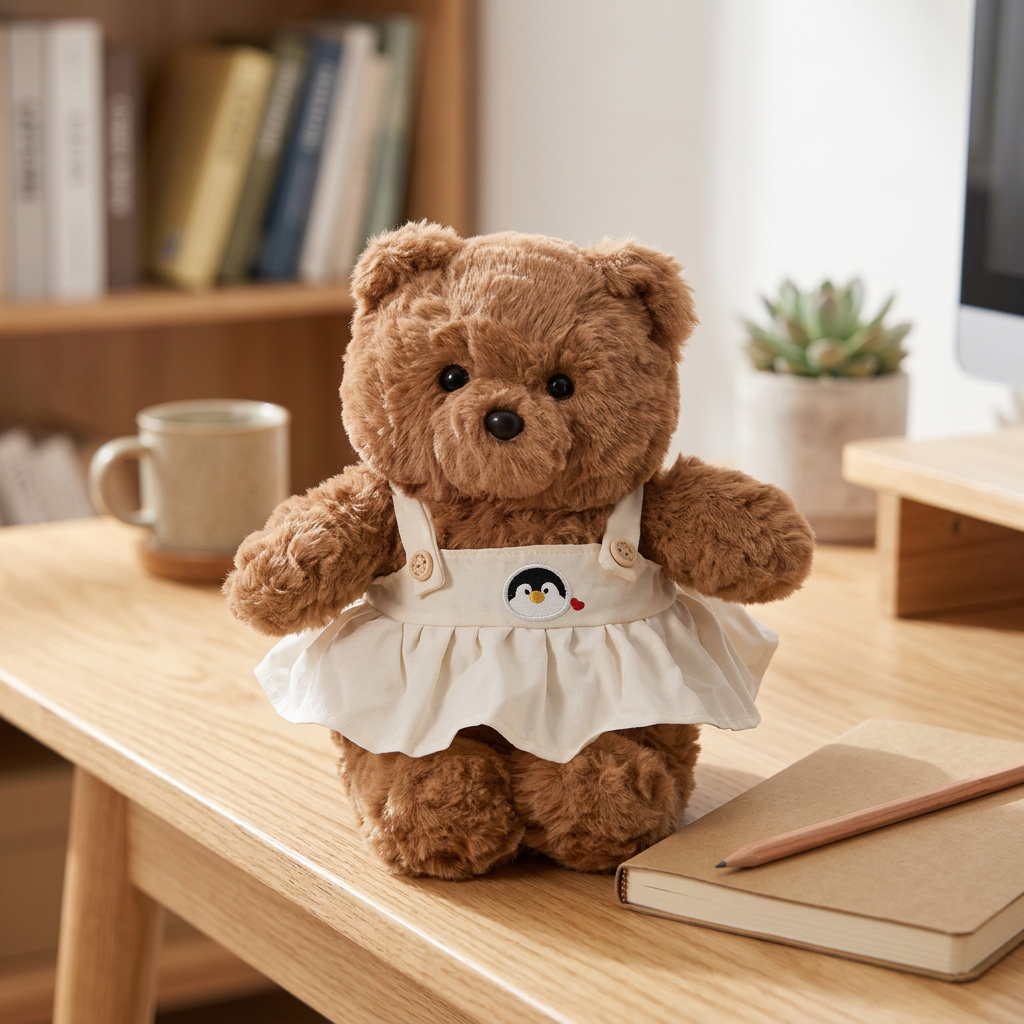 Small brown teddy bear in cream pinafore dress with penguin motif – Cuddle Bear