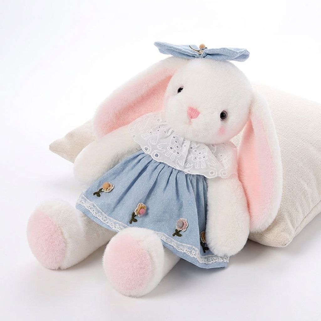 White bunny soft toy in a light blue floral dress with eyelet collar and head bow