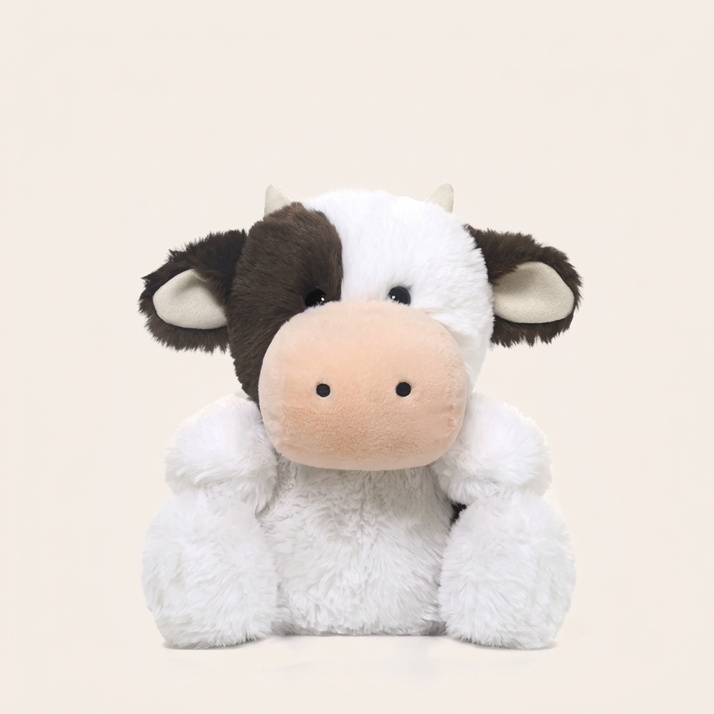 Chunky sitting plush animals: elephant, hippo, cow, frog, monkey and fox – Cow, 26cm