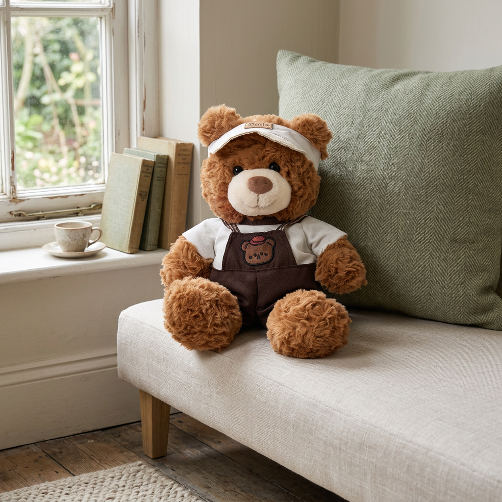 Teddy bear in brown dungarees with checked straps and white visor – view 4 of 7