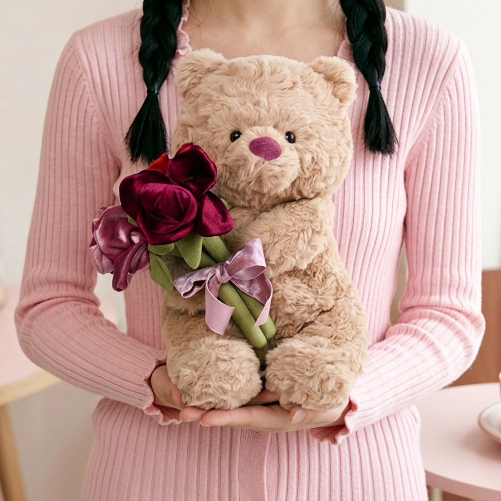 Curly beige teddy bear holding burgundy and mauve fabric flower bouquet – view 2 of 7