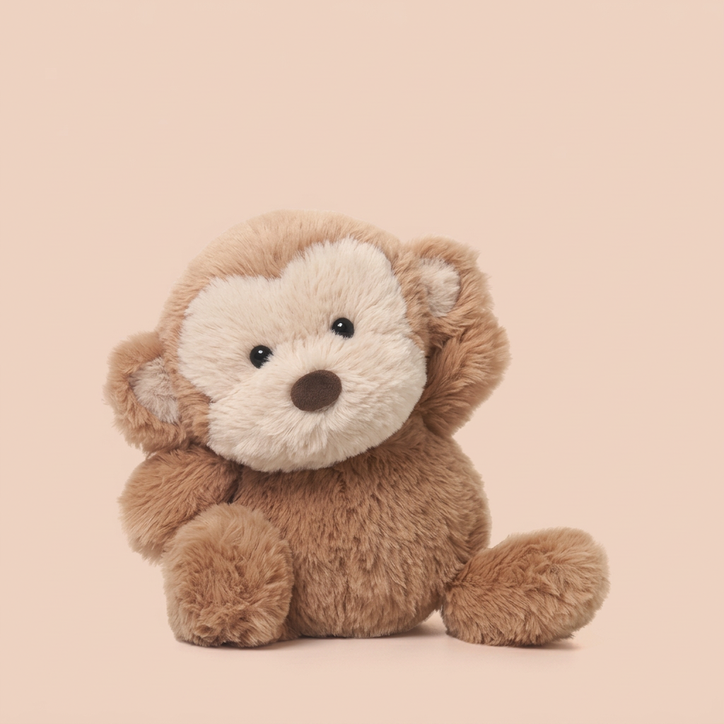 Chunky sitting plush animals: elephant, hippo, cow, frog, monkey and fox – Monkey, 26cm