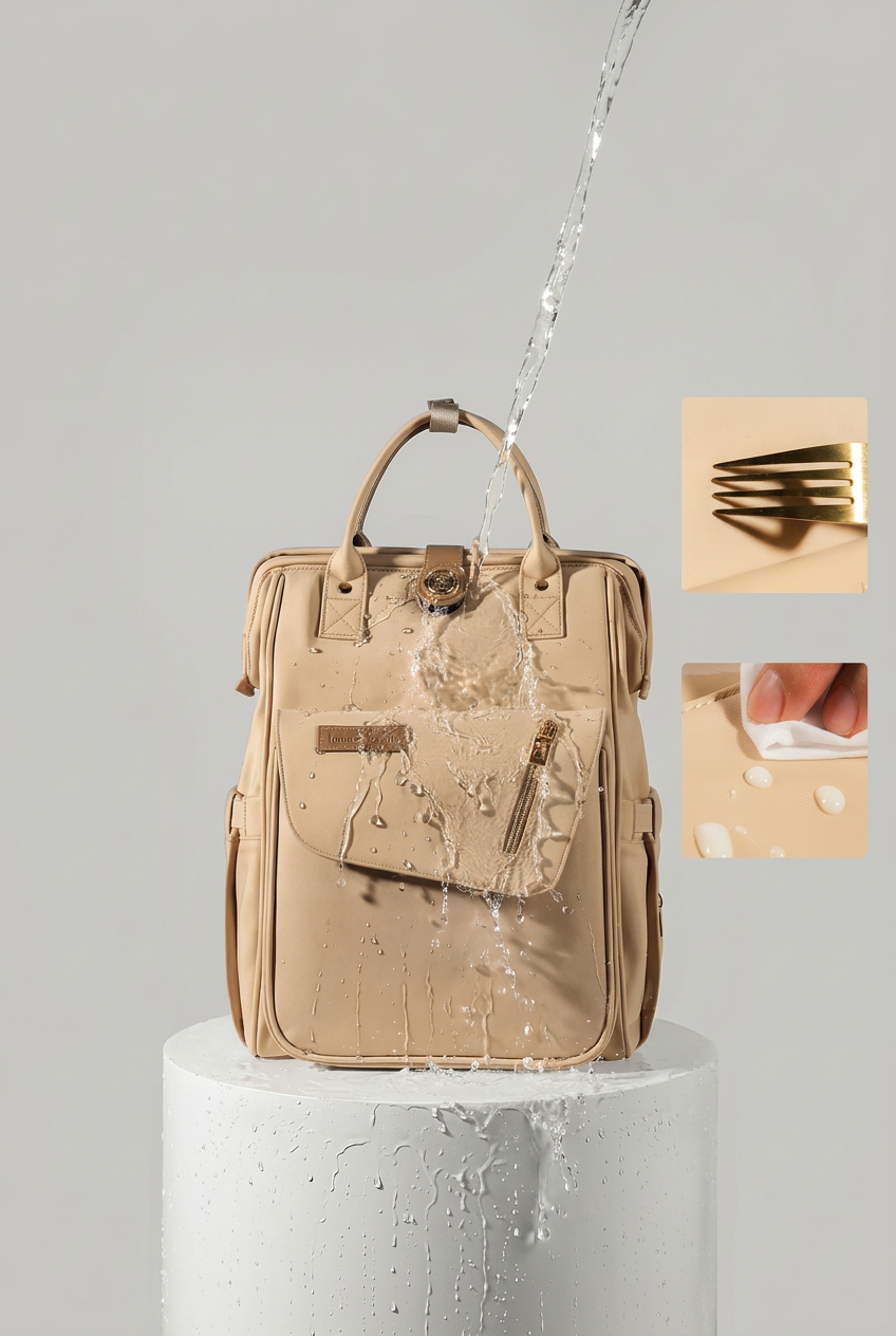 Changing bag backpack with round magnetic buckle, top handles and side pockets – view 6 of 13