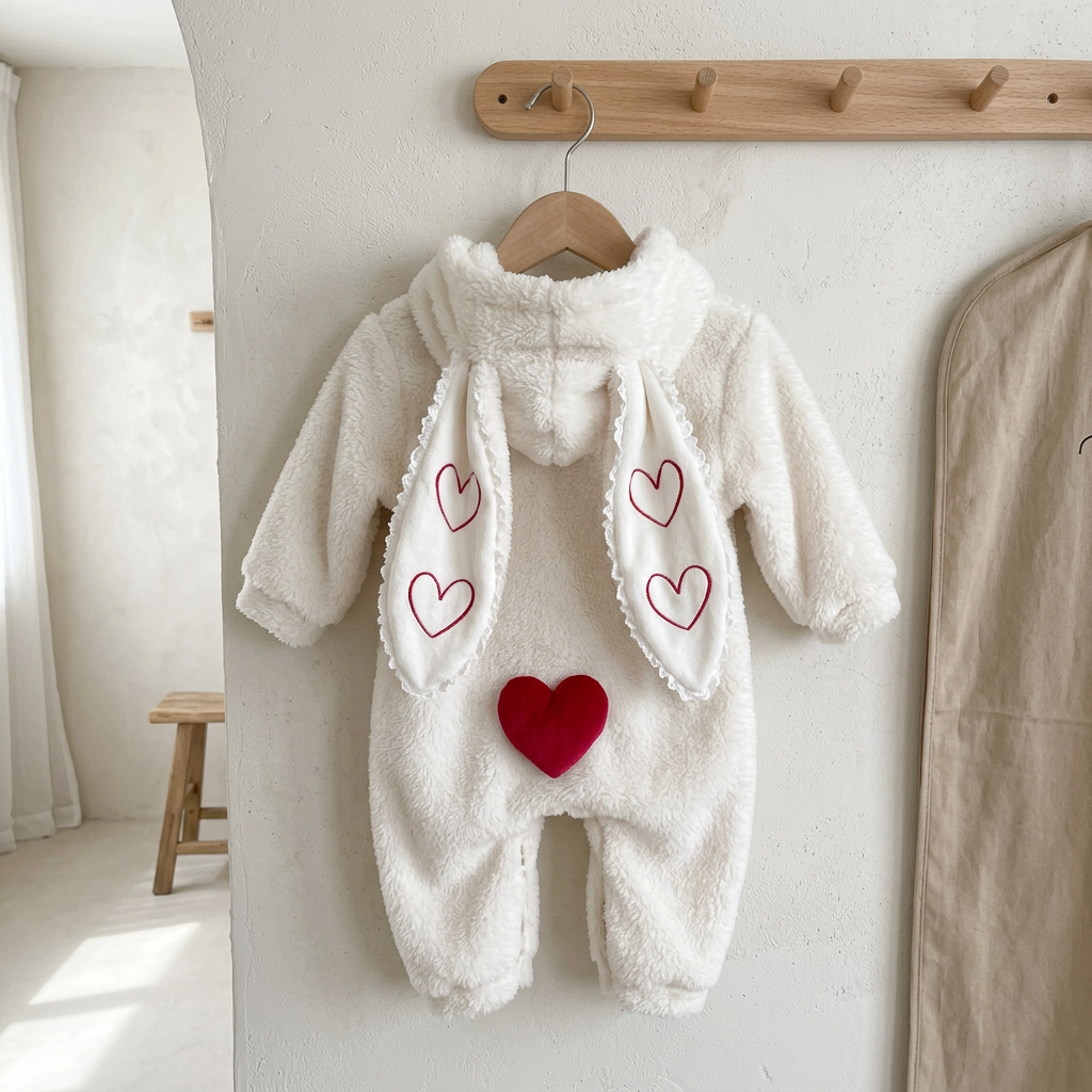 Fluffy hooded bunny baby romper with long heart-patterned ears and front zip – White, 66cm
