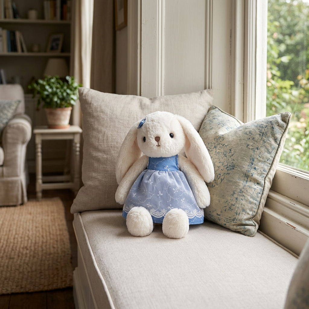 Cream plush bunny soft toy with long floppy ears in a blue floral lace dress – view 4 of 7
