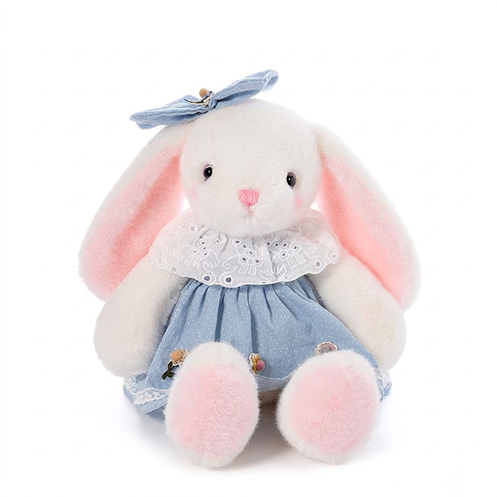 White bunny soft toy in a light blue floral dress with eyelet collar and head bow – view 3 of 6