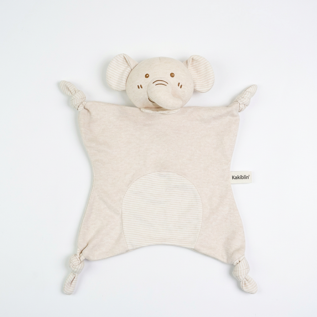 Cream fabric baby comforter with animal head, stitched face and knotted corners – Elephant