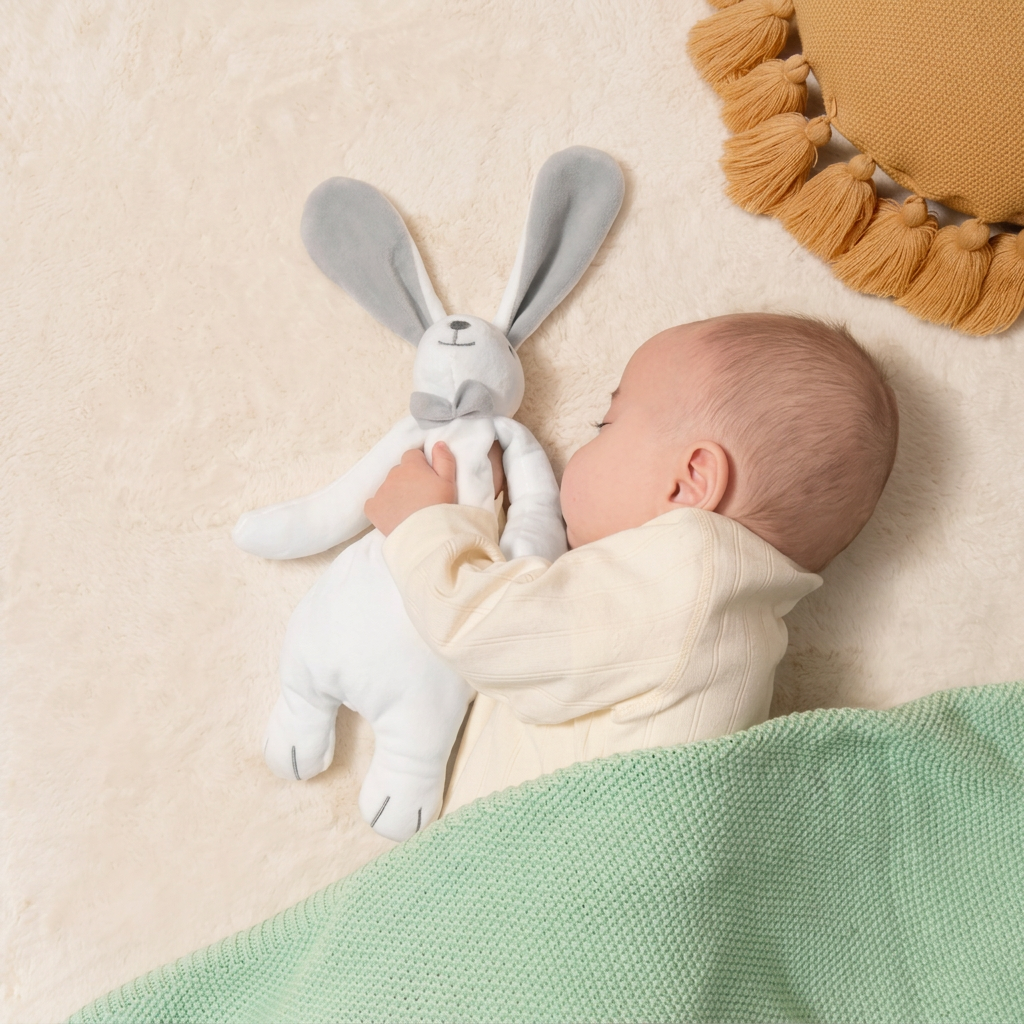 White bunny hand puppet comforter with grey bow tie and baby cloth book – Bunny Comforter and Cloth Book