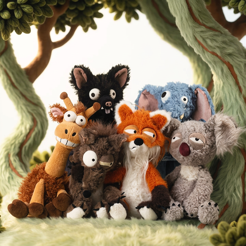 Funny face plush animal soft toy with oversized eyes and textured fur – view 8 of 12