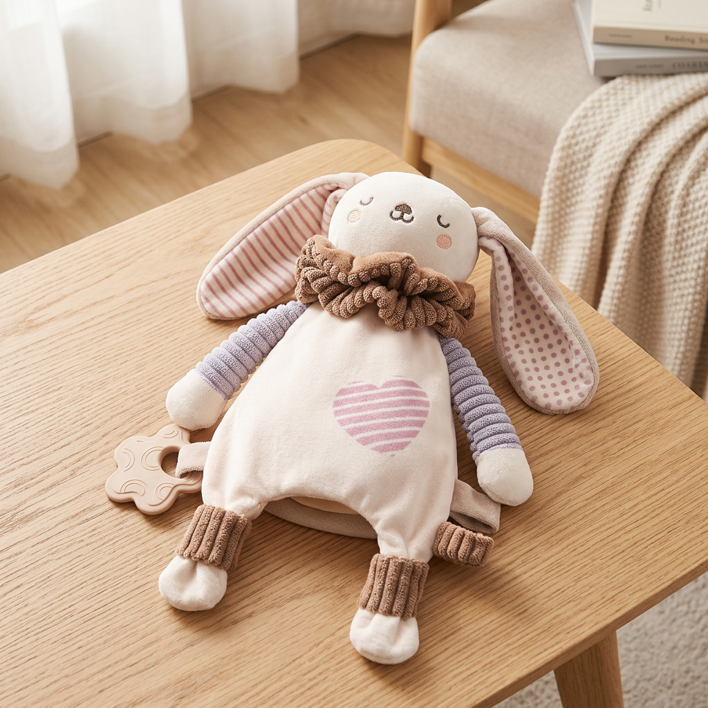 Cream plush bunny hand puppet comforter with ruffled collar and flower teether – Comforter, Teether and Rattle