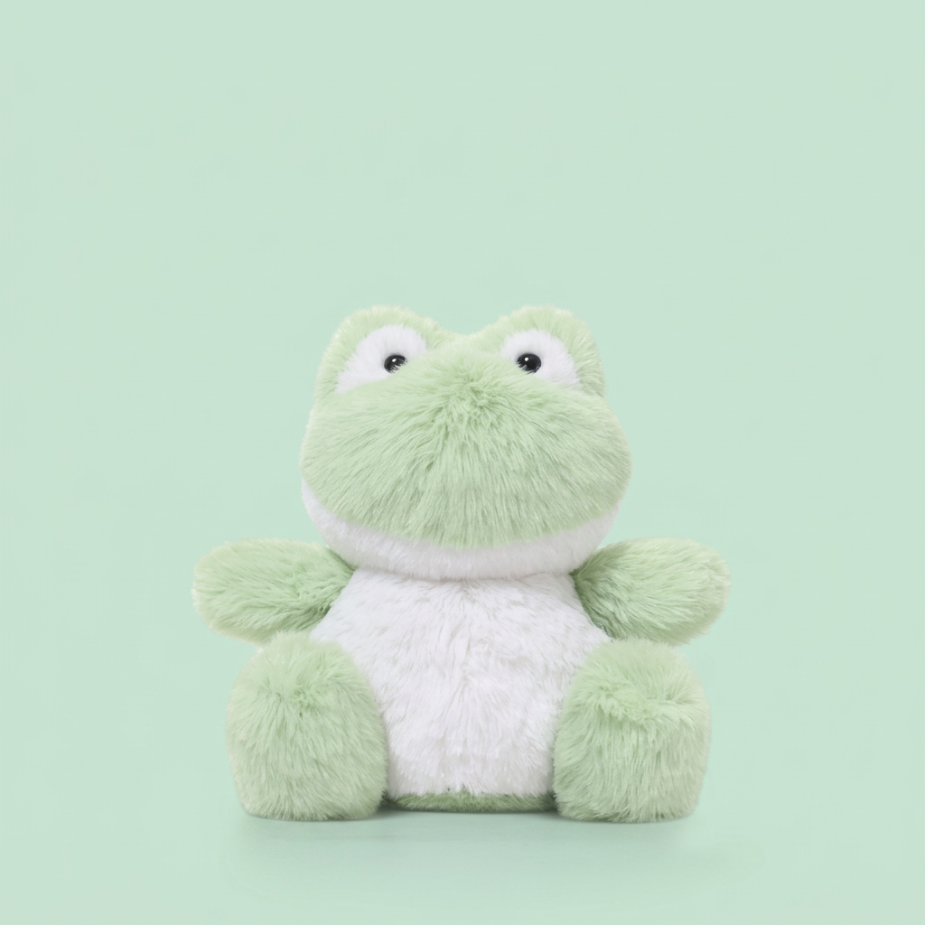 Chunky sitting plush animals: elephant, hippo, cow, frog, monkey and fox – Frog, 26cm
