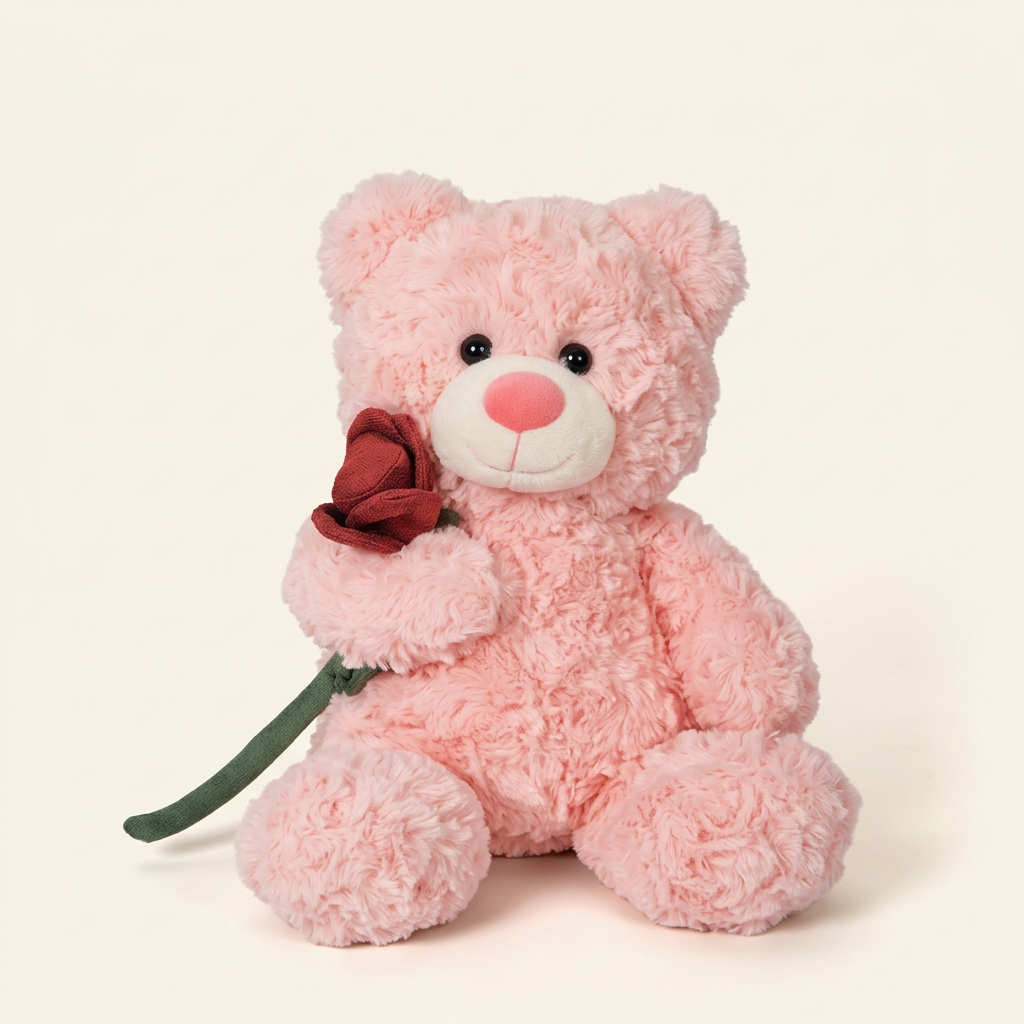 Curly plush teddy bear holding a red fabric rose with a green stem, 30cm – Pink