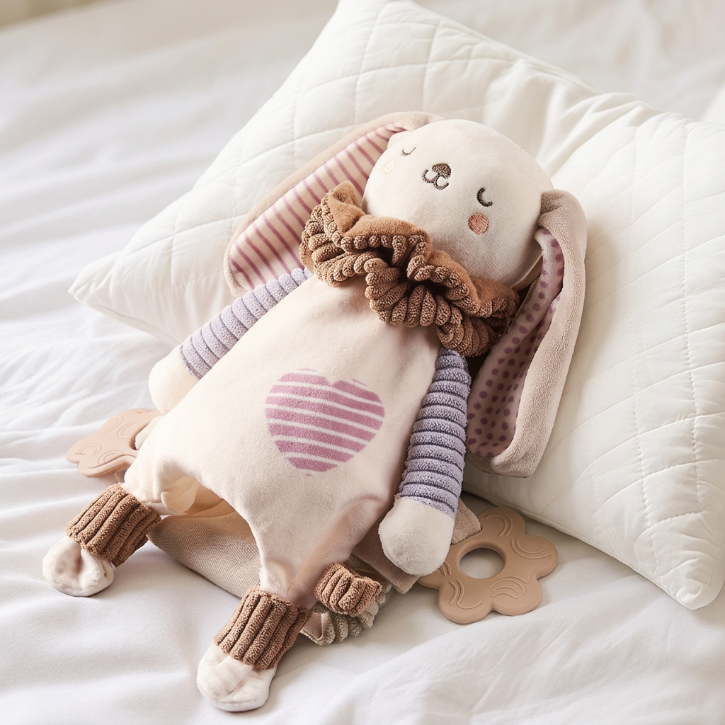 Cream plush bunny hand puppet comforter with ruffled collar and flower teether – view 4 of 8