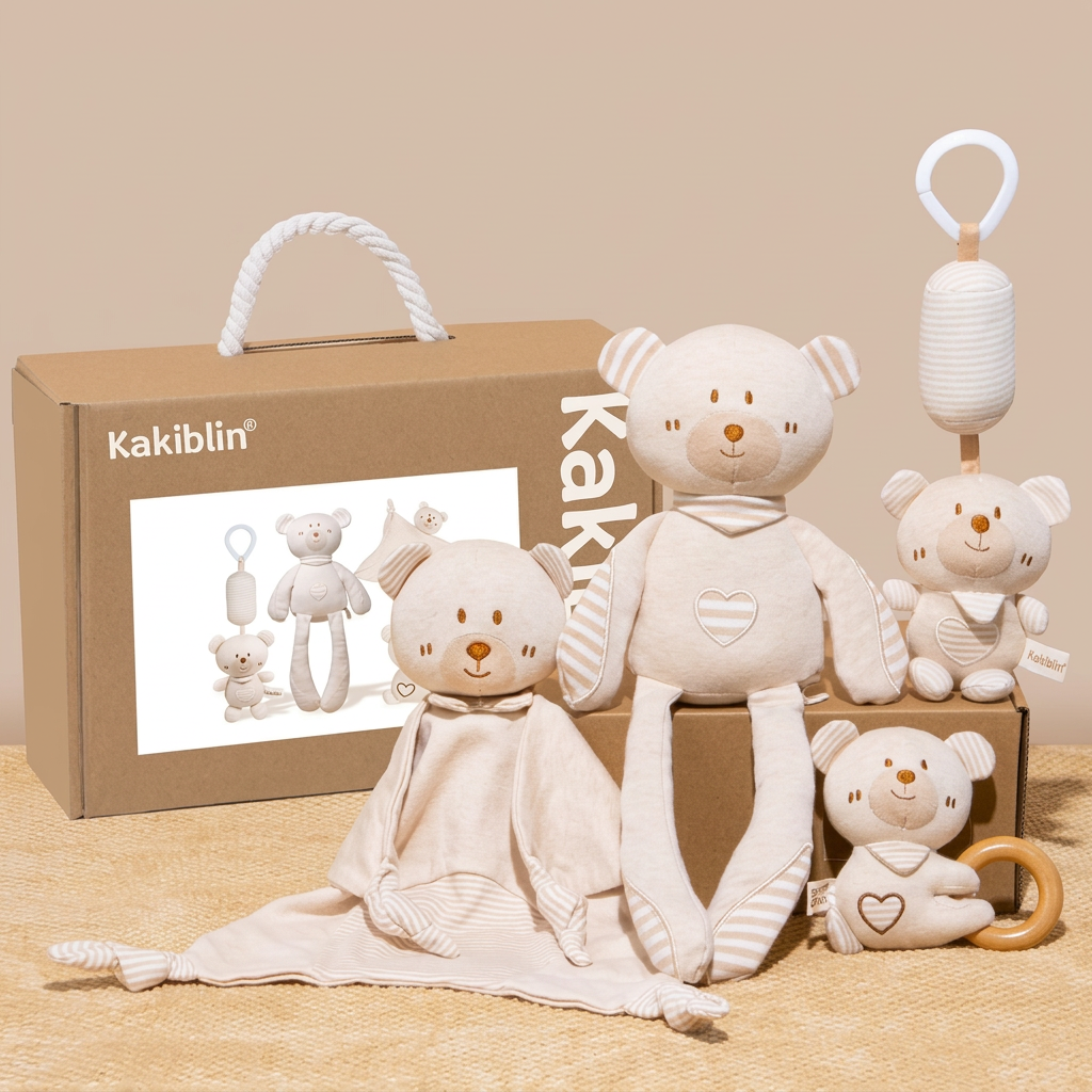 Four piece animal baby comforter gift set with soft toy, comforter and gift box