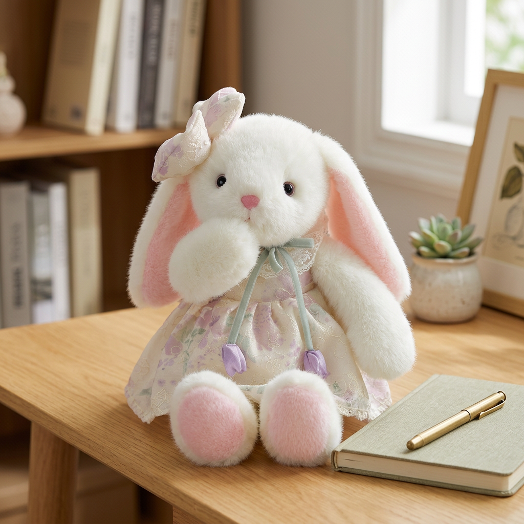 White long-eared bunny soft toy in a patterned dress with lace collar and ear bow – view 5 of 13