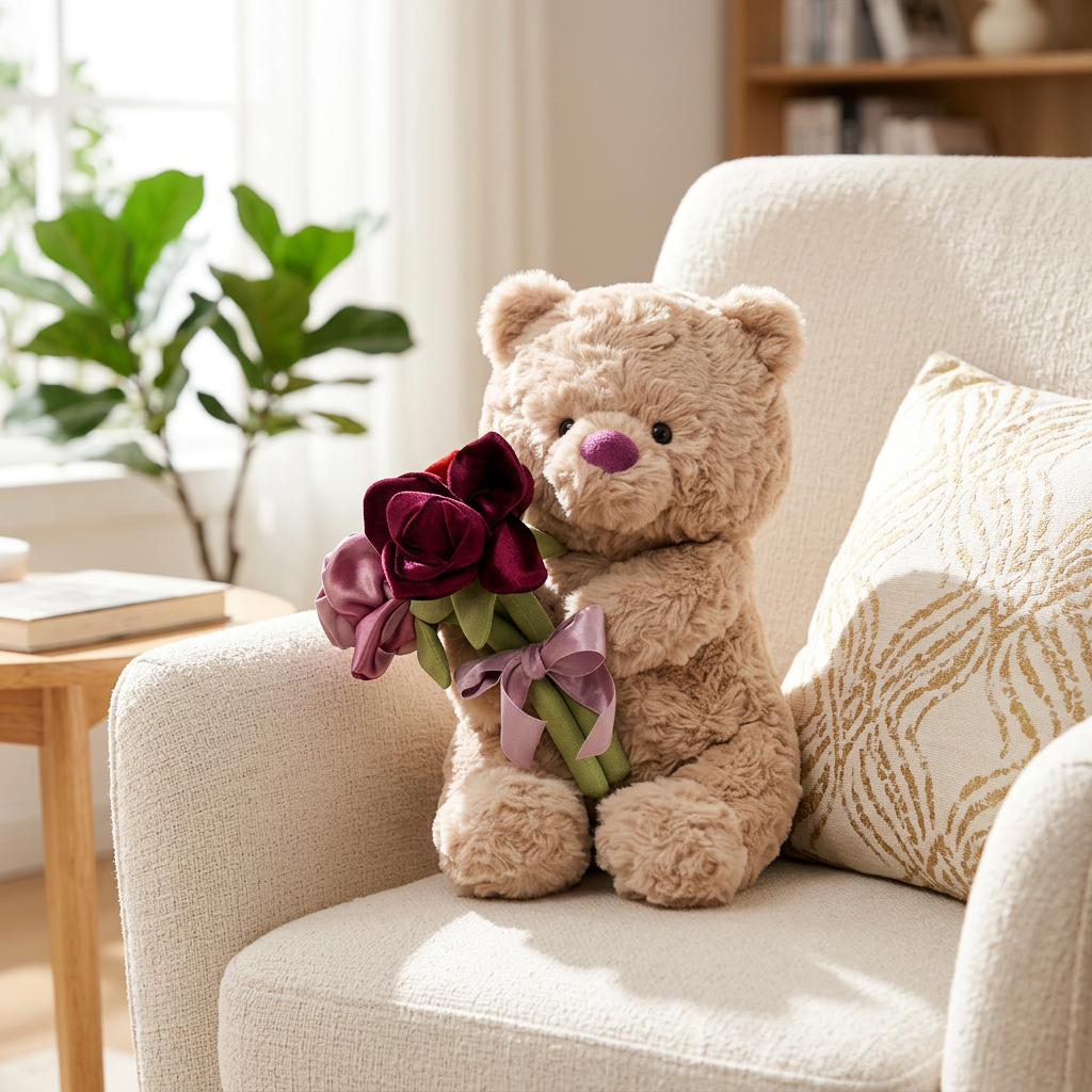 Curly beige teddy bear holding burgundy and mauve fabric flower bouquet – Bear with Flowers
