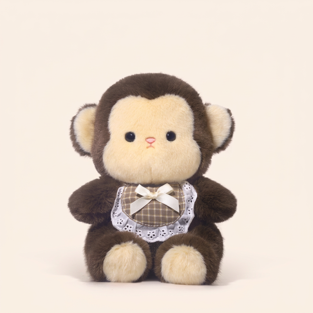 Little sitting plush animal with checked lace-edged bib and ribbon bow – Monkey, 20cm