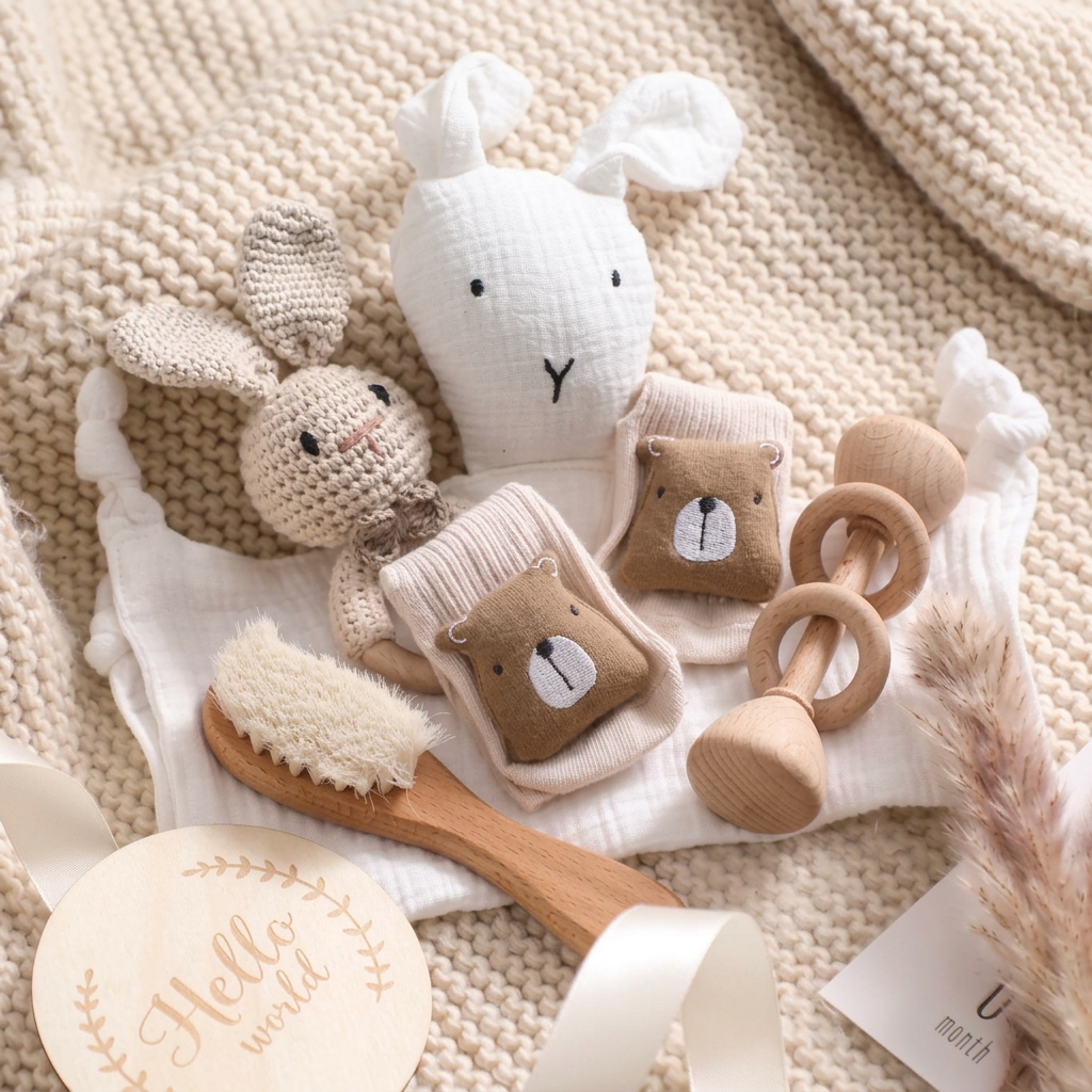 Baby milestone gift box with bunny comforter, crochet ring toy, socks and brush – view 11 of 15