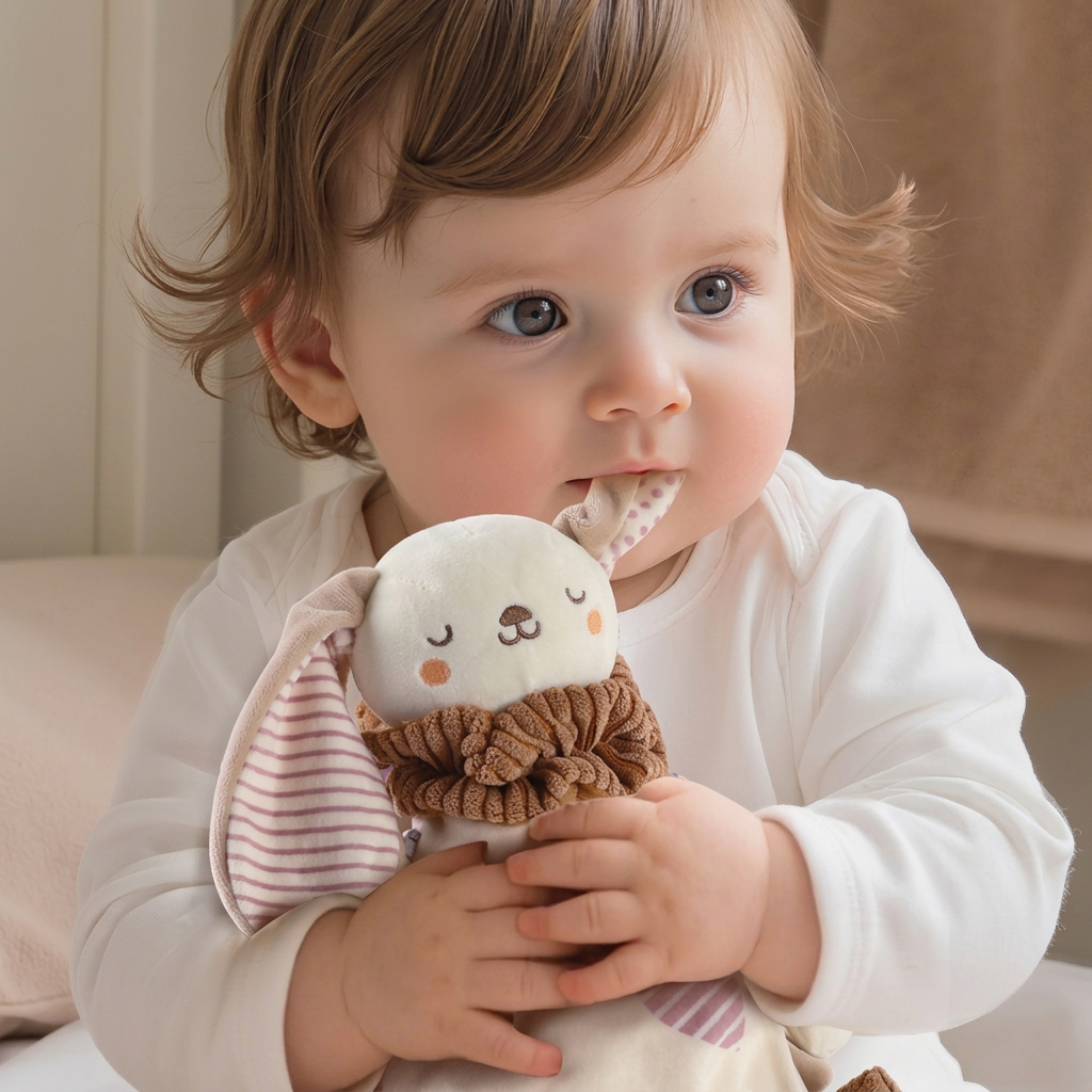 Cream plush bunny hand puppet comforter with ruffled collar and flower teether – view 2 of 8