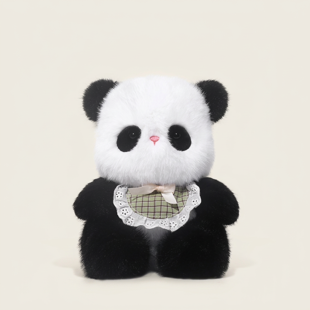 Little sitting plush animal with checked lace-edged bib and ribbon bow – Panda, 20cm